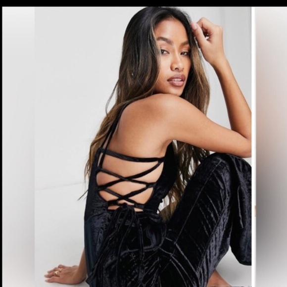 Free People black‎ Velvet Tie-Side Overalls Jumpsuit size small brand new - Picture 3 of 5